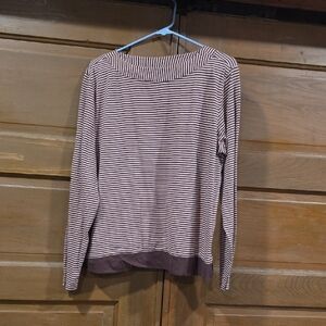 Striped Long-Sleeve Boatneck Top in Light Pink and Brown